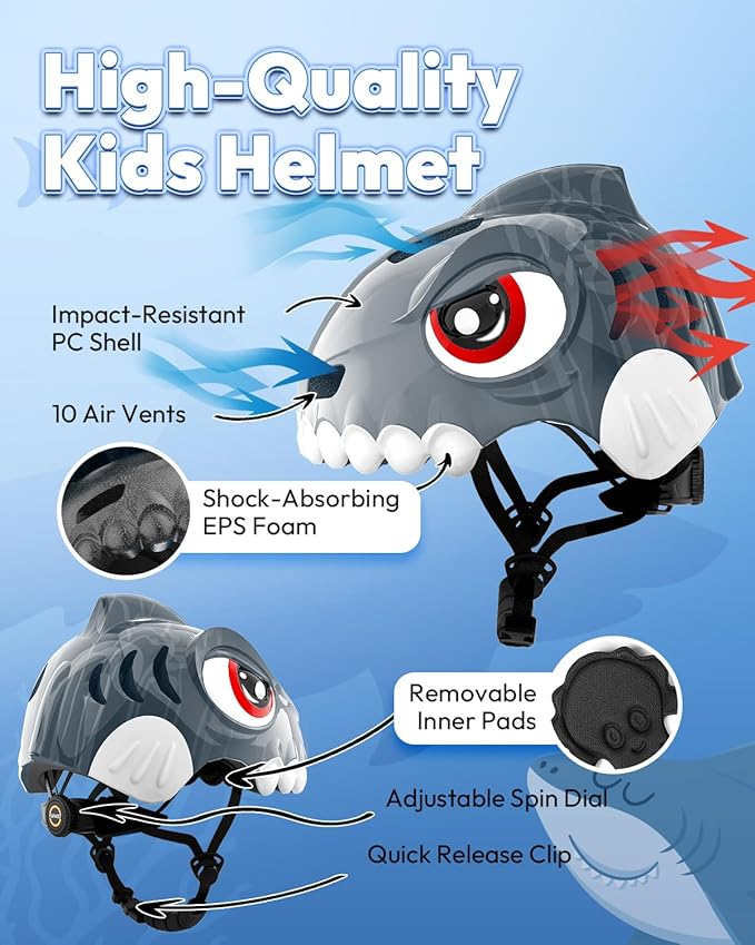 Bike Helmet for Kids 3-5-8 Toddler Bike Helmet Animal 3D Cartoon Boys Girls Safety Adjustable Kids Helmet and Pads Set for Cycling Scooter Skateboard