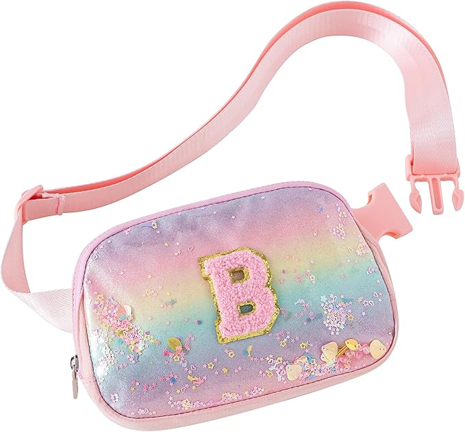 Fanny Pack for Girls,Birthday Easter Gifts,Chenille Initial Letter Girls Crossbody Bag,Preppy Teen Belt Bag for Graduation Travel Gifts,Cute Sequin Trendy Stuff.Pink-B