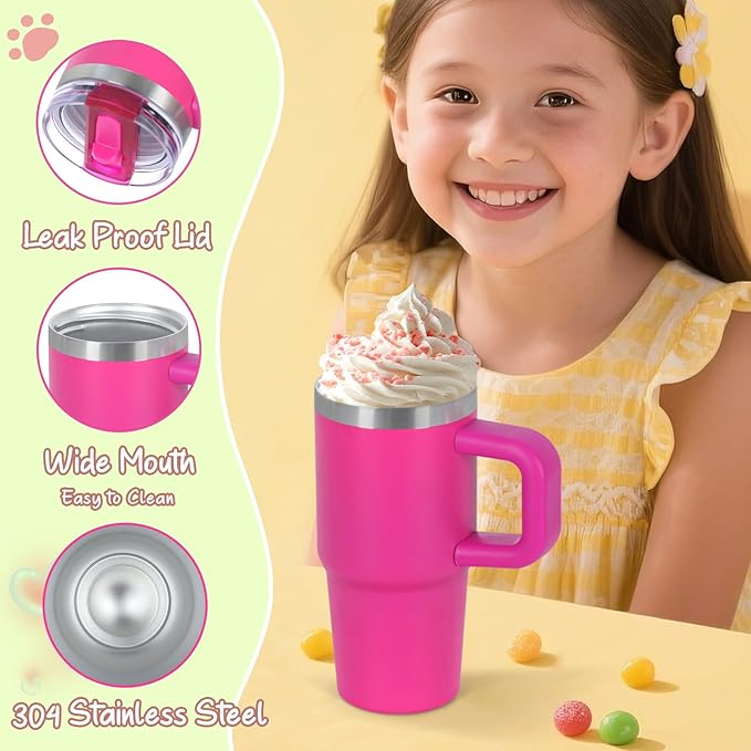 Cosictic 14 Oz Flip Straw Tumbler with Handle for Kids, Stainless Steel Double Wall Insulated Cup for Children with Flip Top Lid, 14 Oz Leak-proof Cups for Kids, Hot Pink and Pink