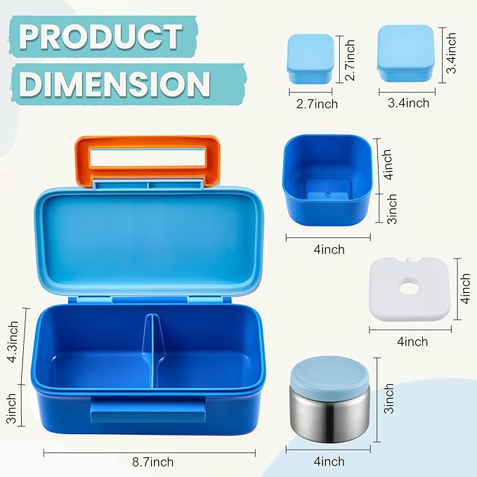 PIQUEBAR Kids Lunch Bento Box with 8oz Thermo Ice Pack Food Container with Insulated Lunch Bag, Insulated Water Bottle with Straw for Girls Boys, (A-Blue)