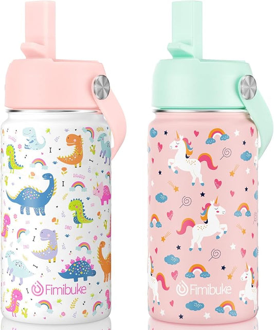 Fimibuke Kids Insulated Water Bottle, 14oz BPA FREE Double Wall Vacuum Tumbler 18/8 Stainless Steel Leak Proof Kids Cups with Straw Metal Bottle for School Boy Girl (2 Pack, UNICORN/WHITE DINOSAUR)