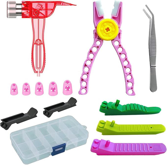 Building Blocks Tool Kit - Brick Separator, Mini Blocks Tool Set - Multi-Functional Hammer, Pliers, Tweezers, Finger Protectors with Tin Box (Pink)