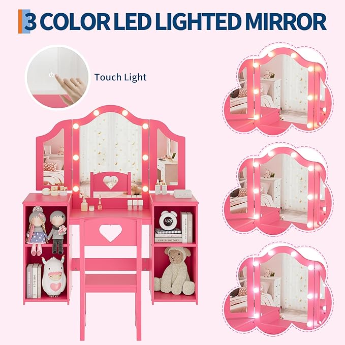 Kids Vanity with Lights,Princess Makeup Desk and Chair with Tri-Fold Mirror,Open Bookshelf, Storage Cabinet,Toddler Vanity,Pretend Play Dressing Table for Little Girls,Pink