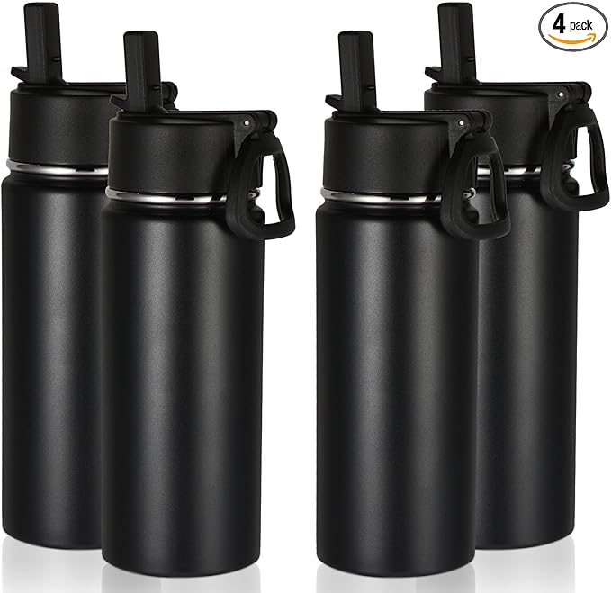 Volhoply 16 OZ Kids Water Bottle Bulk 4 Pack,Insulated Sports Bottles with Straw Lid,Stainless Steel Bottle with Handle Keep Cold & Hot,Double Wall Vacuum Tumbler Cups for School,Girls(Black, 4)