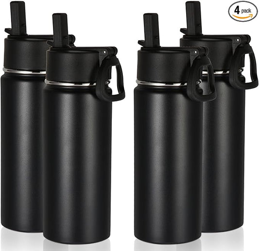 Volhoply 16 OZ Kids Water Bottle Bulk 4 Pack,Insulated Sports Bottles with Straw Lid,Stainless Steel Bottle with Handle Keep Cold & Hot,Double Wall Vacuum Tumbler Cups for School,Girls(Black, 4)