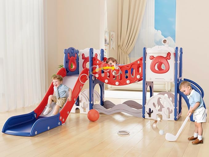 XJD Toddler Slide,11 in 1 Kids Slide for Toddlers 1-3, Toddler Climbing Toys,New Upgrade with Golf Set, Basketball Hoop for Indoor Outdoor Playset (Blue Red)