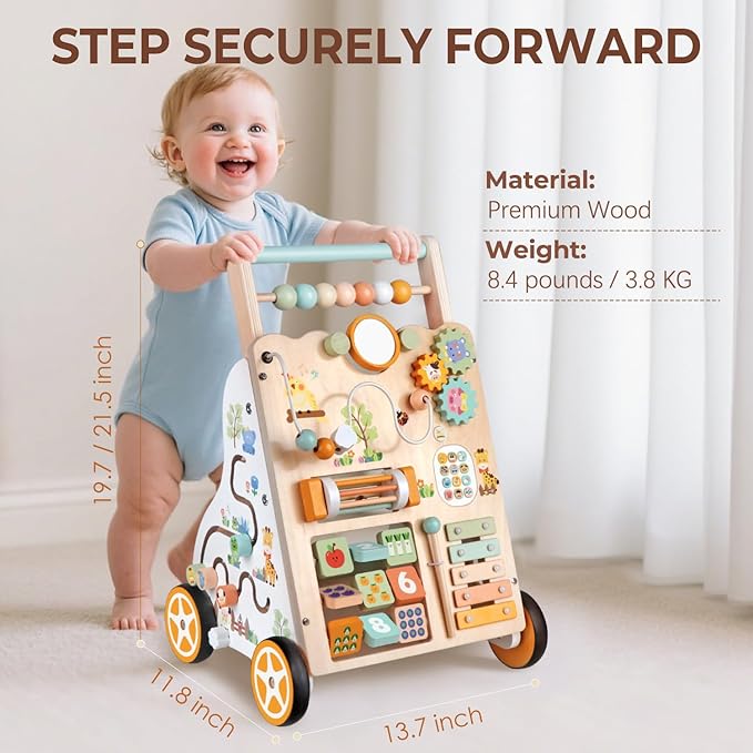 Baby Push Walker, Wooden Baby Walker with Wheels, Montessori Activity Center for 1 2 3 Years Old Boys Girls, Adjustable Speed & Height Push Toy for Toddlers, Educational Gift for 1+ Kids Development