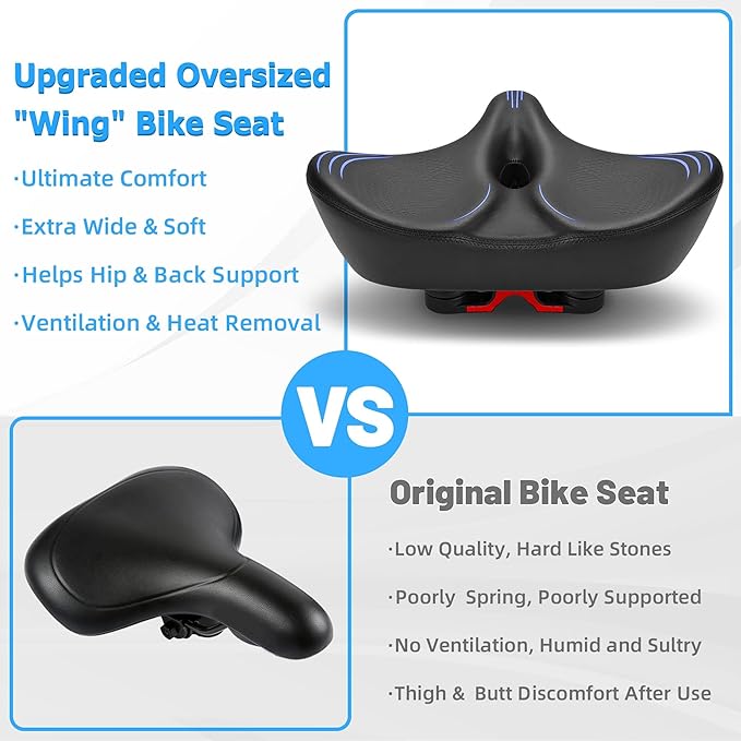 Oversized Bike Seat for Men & Women Comfort, Extra Wide Bicycle Seat Cushion, Comfortable Wing Padded, Large Replacement Saddle for Peloton, Stationary Exercise Bike, Ebike, Cruiser, City Bike
