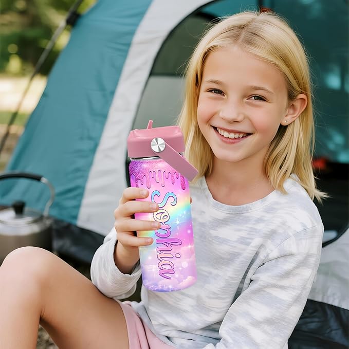 Personalized Kids Water Bottle with Name for School - Custom 18oz Water Bottle with Straw Lid Stainless Steel w/Engraved Names - Personalized Christmas Kids Gifts for Boys Girls (Ball)