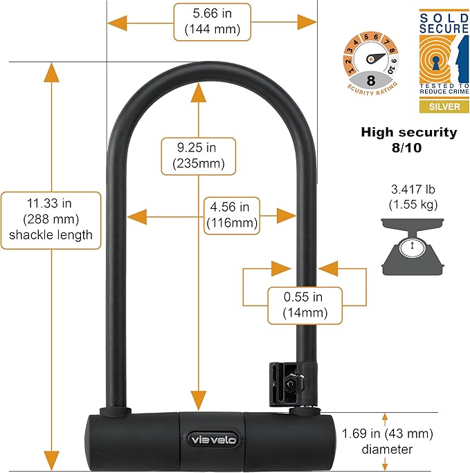 Via Velo Bike U Lock with Cable | Classic U Lock Heavy Duty Anti-Theft 15mm Shackle Innerside 9.25 x 4.5 in Sold Secure Silver Approval with 6Ft Cable Security Lock for Bike Electric Bike Scooter