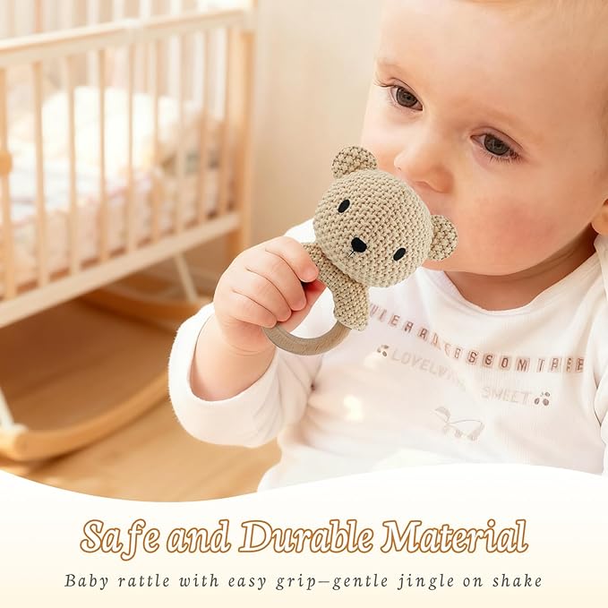 10" Crochet Bear Stuffed Animal with Rattle, Pure Cotton Soft Crochet Doll Plush Toy for Newborn, Handmade Baby Shower Gift & First Birthday Gift