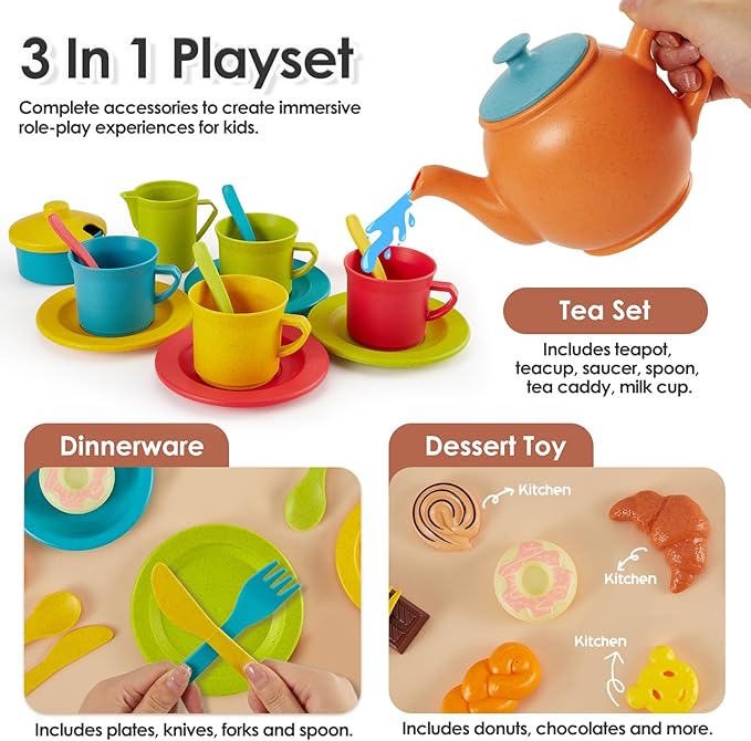 Buyger Play Kitchen Accessories, Play Dishes Plates and Utensils Tea Party Set Food Dessert Toys Gifts for Ages 3 4 5+ Years Old Kids Toddler Children