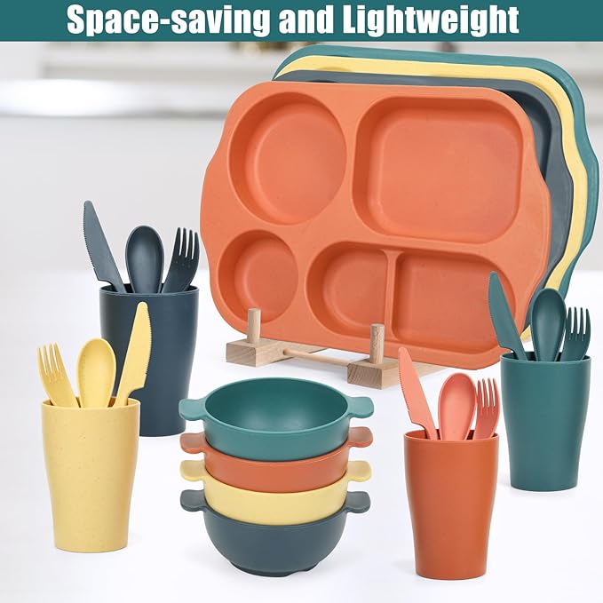 24 PCS Wheat Straw Dinnerware Set for Kids Toddler Plate Bowl Cup Set Unbreakable BPA-Free Tableware with Divided Plate Microwave Dishwasher Safe Perfect for Home School Picnics