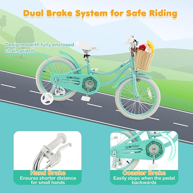 BABY JOY Kids Bike, 14 16 18 Inch Retro Kids Bicycles for 3-8 Years Old Children with Training Wheels, Adjustable Height, Rattan Basket, Handbrake & Coaster Brake, Boys Girls Bike (Pink, Green, Blue)