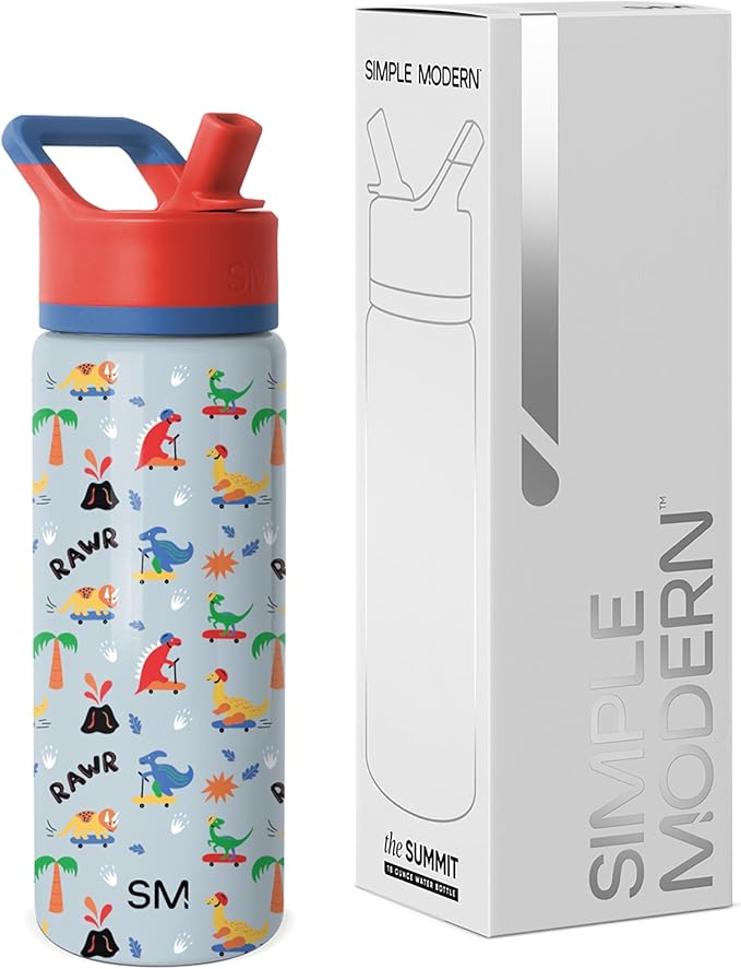 Simple Modern Kids Summit Water Bottle with Straw Lid | 18oz Stainless Steel Cup Insulated Tumbler for Toddlers, School | Rad Dino