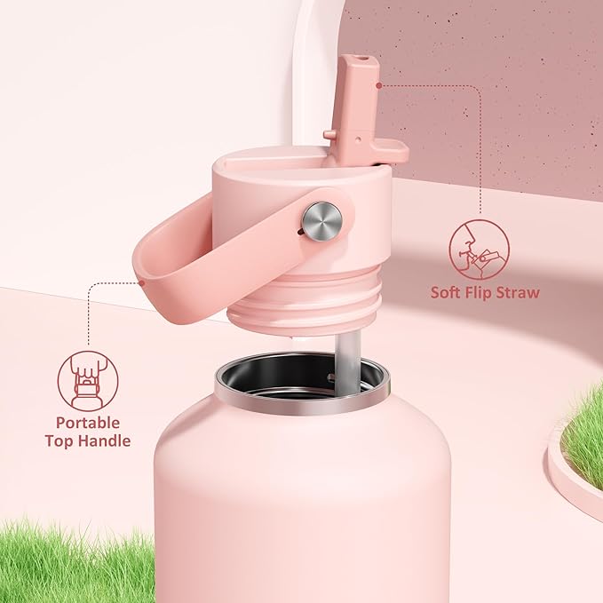 POWCAN 32 oz Insulated Water Bottle: Leakproof, Lid with Flip Straw, Cold for 24H, BPA-Free, Metal Water Bottle with Handle for Travel, Gym, Fitness, Hiking, Birthday Gift for Women (Cotton Candy)