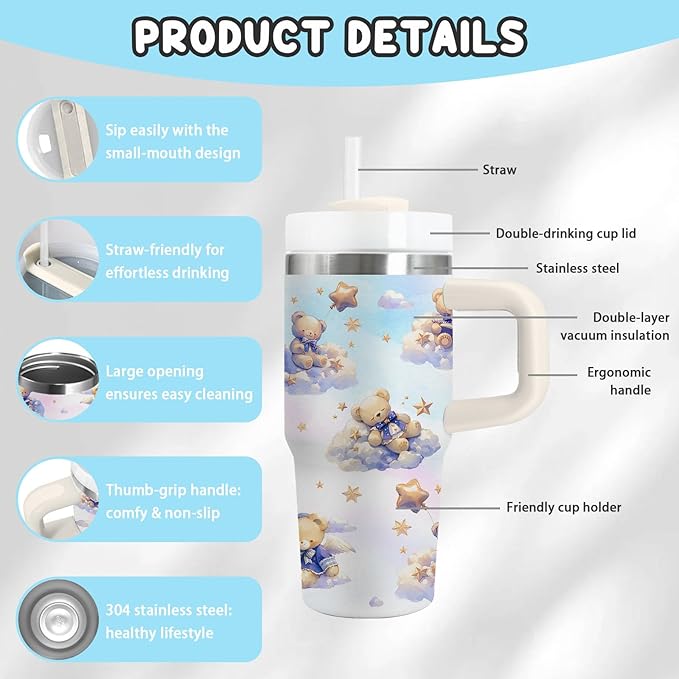 Bear Gifts - 14 Oz Cartoon Kids Tumbler with Handle and Straw, Stainless Steel Insulated Water Bottle,for Boys Girls, School, Travel - Cute Bear Themed Children Birthday Gift Cup(1pc)