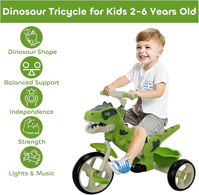 Dinosaur Kids Tricycle for Ages 2-6, Toddler Tricycle Bike Big Wheel Trike with Music Lighting and Rubber Tires, Preschool Daycare Kids Bike, Gift and Toy for 2-6 Boys and Girls