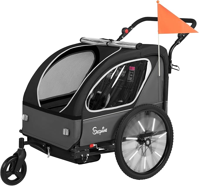 Sepnine Kids Bike Trailer, 2 in1 Canopy Carrier Converts to Pushcart Suitable for 1 to 2 Toddlers, Kids, Quick Attach to Bike, Foldable, with 5-Point Harness and Storage Bags