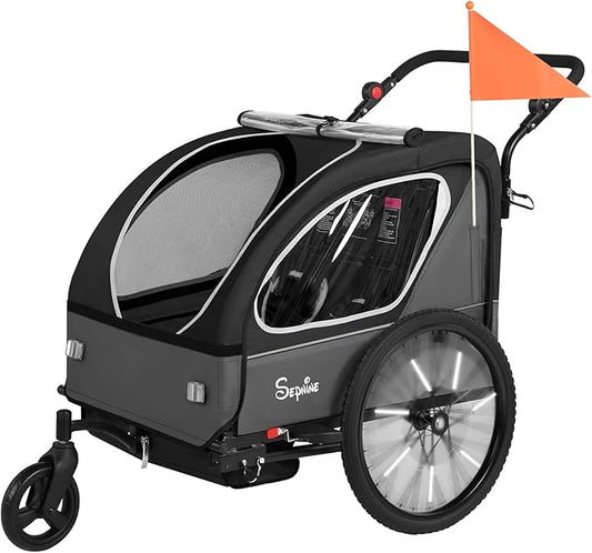 Sepnine Kids Bike Trailer, 2 in1 Canopy Carrier Converts to Pushcart Suitable for 1 to 2 Toddlers, Kids, Quick Attach to Bike, Foldable, with 5-Point Harness and Storage Bags