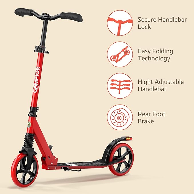 Kick Scooter for Ages 6+, for Kids, Teens, and Adults, Max Load 240 LBS, Foldable, 8-inch Big Wheels for Kids and Adults, with Kickstand, 3 Adjustable Levels, Child Safety Approved, Red