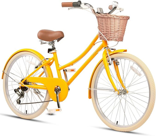 Glerc 20 24 26 Inch Beach Cruiser Bike, 6-Speed Hybrid City Bicycle for Girls Youth and Over 6 Years Old, Missy Bike with Wicker Basket & Lightweight, Multiple Colors