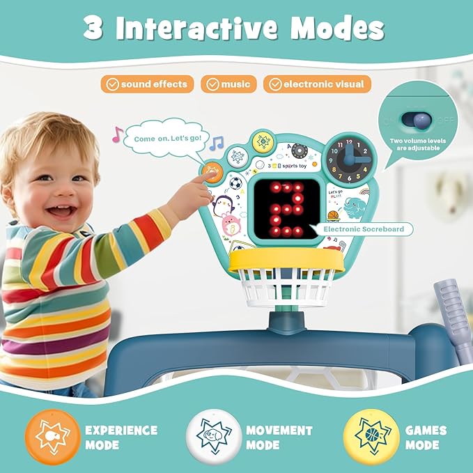 4 in 1 Adjustable Basketball Hoop Soccer Goal for Toddlers 1-3,Kids Sports Toys with Golf Baseball Toy,LED Scoreboard, Music & Educational Games,Indoor & Outdoor Baby Activity Center Age 18+M Boy Girl