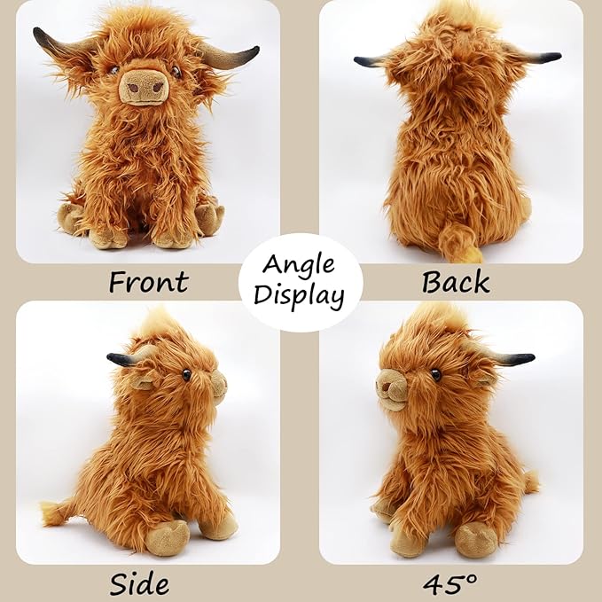 Gluutoyashop Highland Cows Stuffed Animal Scottish Highland Cows Plush Toy Cute Farm Plushie Christmas Birthday Present for Adults Boys Girls (Brown, 11 in)