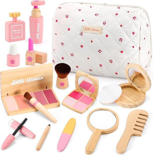 Wooden Makeup Toy Set for Girls: Pretend Makeup Play Set for Toddlers 3-5 - Kids Makeup Set with Eyeshadow/ Mascara/ Mirror/ Bag - Gifts Toys for 3 4 5 6 7 8 Years Old Kids Children