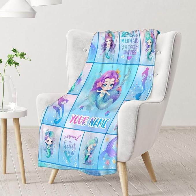 Personalized Mermaid Blanket with Name - Soft, Fuzzy & Warm - 40"x50" Small Blanket for Couch, Sofa - Blue Cute Throw Gifts for Girls