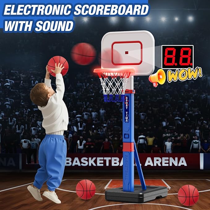 Toddler Basketball Hoop with Scoreboard/LED Basketball Rim/4 Balls, 55" Height Adjustable Basketball Hoop for Kids 3-5, Indoor Outdoor Sport Toys Birthday Gifts for Baby Boys Girls