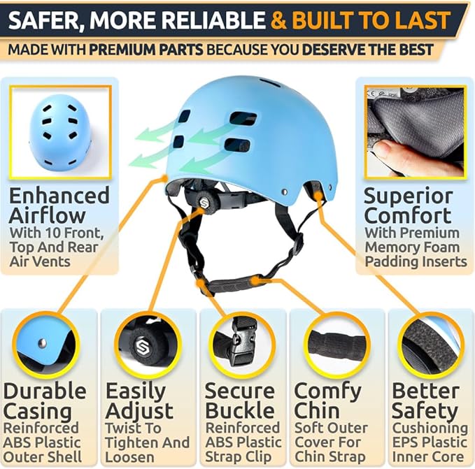 SKITCH Skateboard Helmet for Kids and Teens with Premium Grade Memory Foam Padding | Triple Certified Adjustable Protective Sport Head Gear for Scooter Roller Skate Inline Skating and Rollerblading