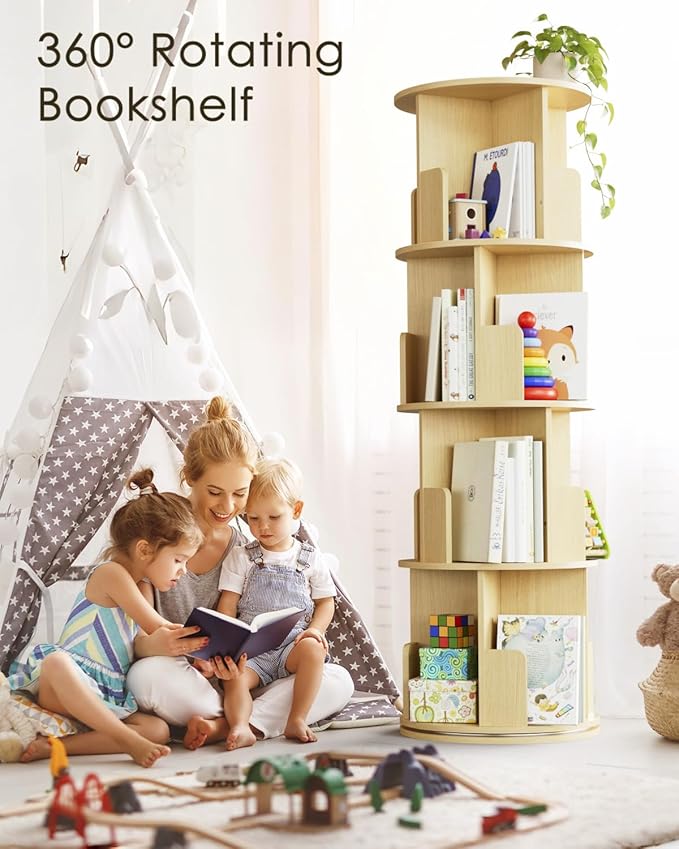 Masupu Rotating Bookshelf, Tall 4 Tier Rotating Spinning Bookshelf Tower, 360 Spinning Floor Standing Bookcase Storage Rack, Conner Rotating Book Shelf for Kids Rooms, Bedroom, Living Room