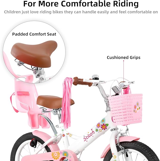 JOYSTAR Kids Bike for 2-7 Years Girls Boys w/o Dual Handbrake 12 14 16 Inch Princess Girls Bike with Training Wheels Doll Seat Streamers Boys Bikes with Flag & Water Bottle, Kids' Bicycle