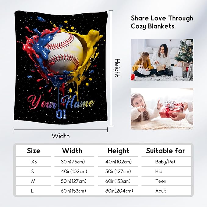 Personalized Baseball Blanket, Custom Baseball Gifts for Kids Boys Men, Sport Throw Blankets for Adults Team Player, Soft Flannel Throws Gift Home Decor (Colorful, 40x50 Inch)