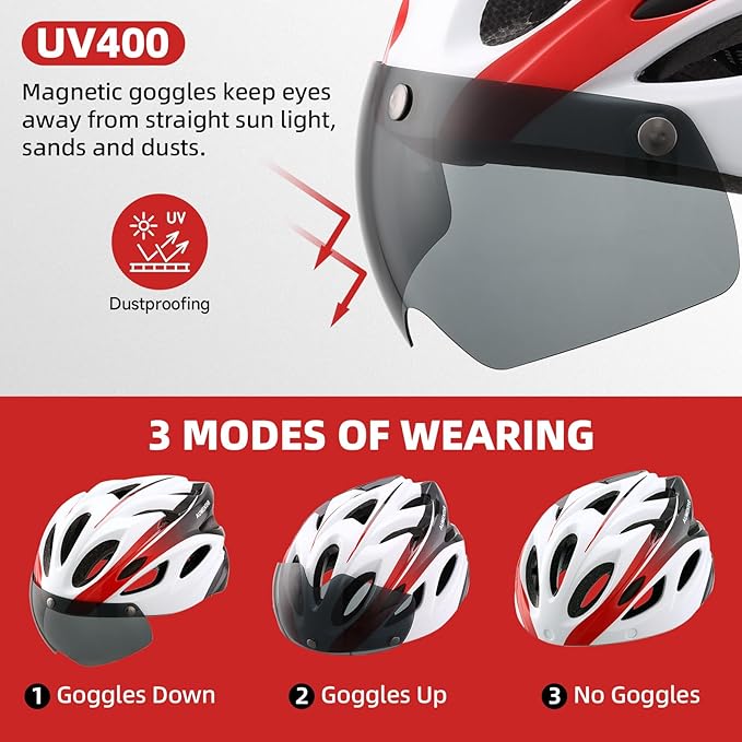 Adult Bike Helmet, Bicycle Helmet with Rear LED Light & Detachable Magnetic Goggles, CPSC/CE Certified Cycling Helmet Adjustable for Men Women Mountain & Road