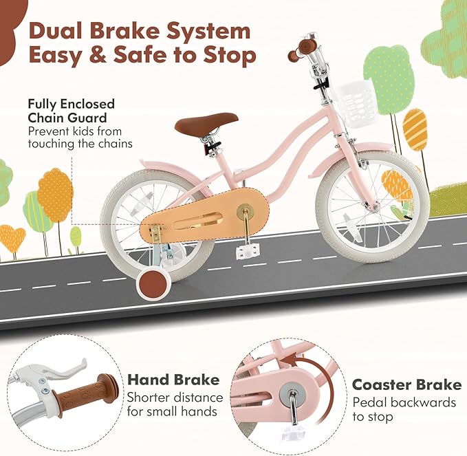 COSTWAY Kids Bike, 12 14 16 18 Inch Toddler Bike Children Bicycle w/Training Wheels, Hand & Coaster Brakes, Adjustable Saddle & Handlebar, Basket, Bell, Kids Bicycle for Girls Boys Aged 3-8 Years Old