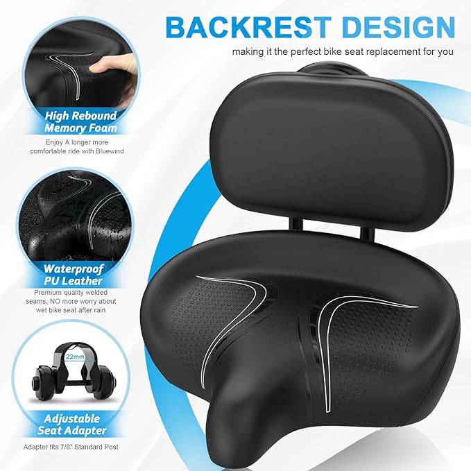 BLUEWIND Oversized Bike Seat, Wide Bicycle Saddle Novel Backrest Design for Electric Bike, Universal Fit Exercise Bike or Road Stationary Bike Seat Cushion for Men & Women
