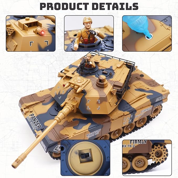 1:18 Scale Remote Control Army Tank - US M1A2 Battle RC Tank Model Toys for Adults - 15 Channel Full Function Military Toy with 360 Degree Rotating Turret Smoke Light Sound