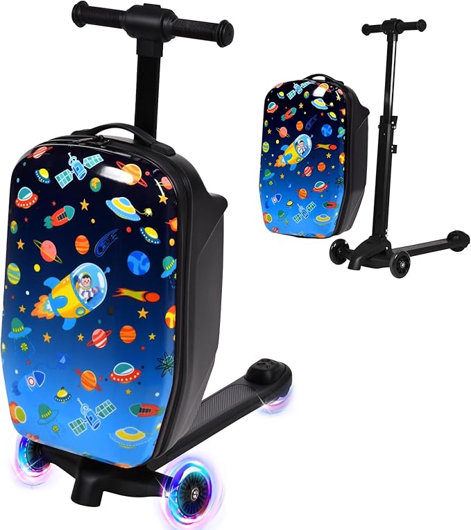 smilesun 4-in-1 Detachable Scooter Luggage for Kids & Teens, Foldable Hardside Ride On Suitcase with Wheels, Stylish and Safe Design(Navy Blue)