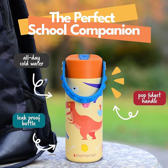 Elemental Insulated Kids Water Bottle, Stainless Steel Water Bottle with Straw Lid & Pop-It Handle, Leak-Proof Water Bottles for School, Boys or Girls, Travelling and Sports, 18oz - Dino Rage