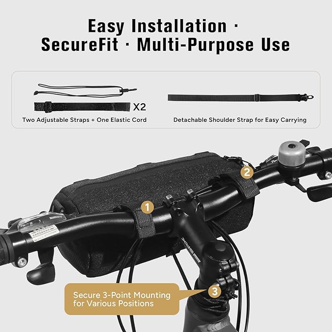 Bike Handlebar Bag, Waterproof Bicycle Storage Pouch, Cylindrical Handlebar Bag with Shoulder Strap & Elastic Cord, Fits Road & Mountain Bikes