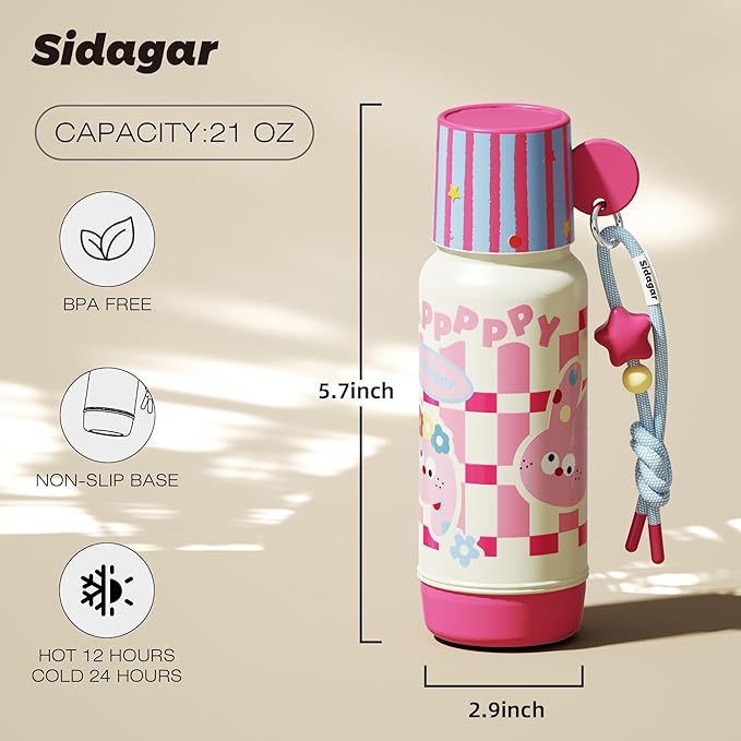 20 oz Cute Tumbler witn Lid and Straw, Insulated Stainless Steel Kids Water Bottle with Strap, Travel Leak Proof Coffee Cup, Rabbit