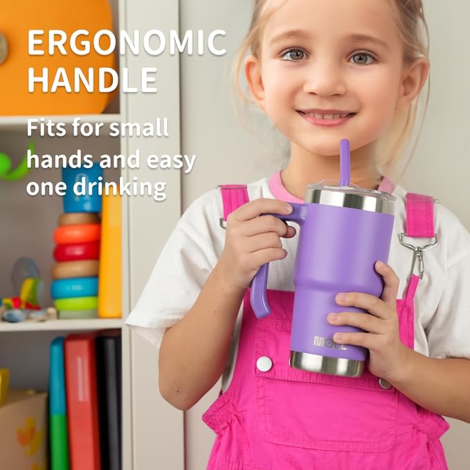 Kids Insulated Tumbler with Handle 16 oz Stainless Steel Double Wall Vacuum Tumbler Cups Travel Coffee Mug with Lid and Straw (Purple Pink)