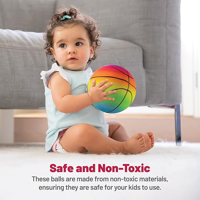 Bedwina Mini Rainbow Sports Balls - 5 Inch (Pack of 4) Inflatable Vinyl Balls for Kids and Toddlers with Hand Air Pump, Basketball, Volleyball, Soccer for Playground, Indoor and Outdoor