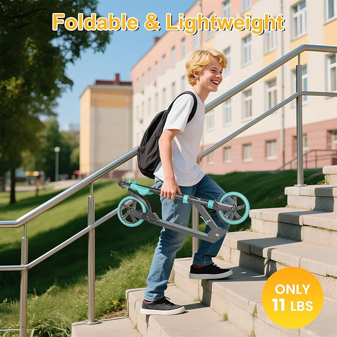 SIMATE Kick Scooter for Kids Teens & Adults, 3 Adjustable Heights, 8IN All Terrain Big Wheels, Dual Suspension, Foldable and Lightweight, Gifts for Girls Boys