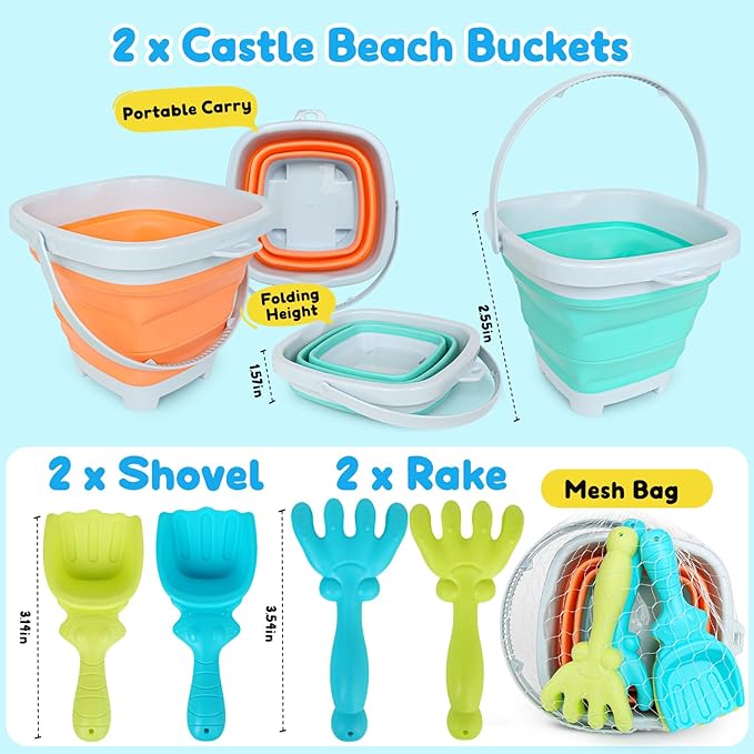 USATDD Beach Toys for Kids with Collapsible Bucket, Sand Rake and Shovel, Collapsible Beach Bucket Travel Sand Toys for Toddlers Kids