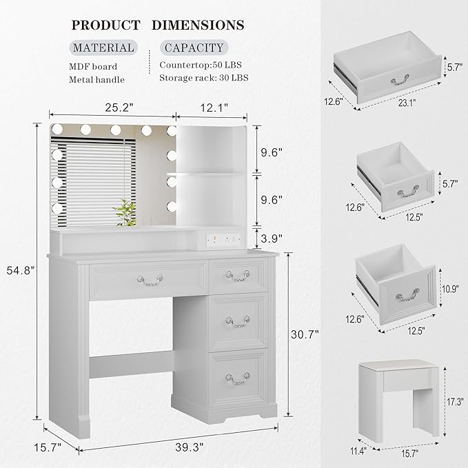 Vanity Desk with Mirror Light and Power Outlet, 39 inch Farmhouse Makeup Table Set with Stool, 3 Color Adjustable Lights Bedroom Dressing Table with 4 Drawer for Women Girls Teens, White