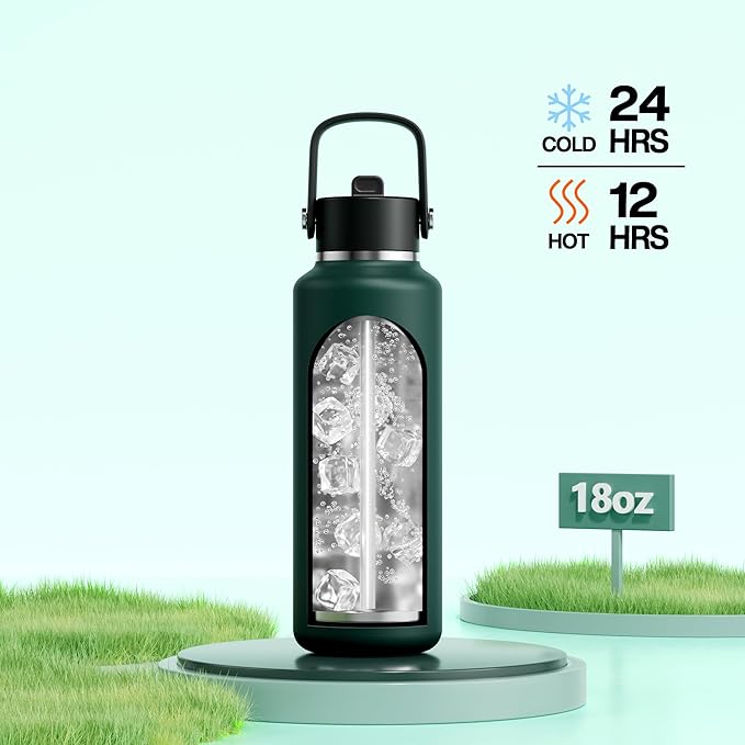 POWCAN 18 oz Water Bottle Insulated: Leakproof Lid with Straw, Lightweight, Flex Cap, BPA-Free, Stainless Steel Water Bottle for Office, Trekking, Commute, Worker, Walking, Cycling (Fir Green)