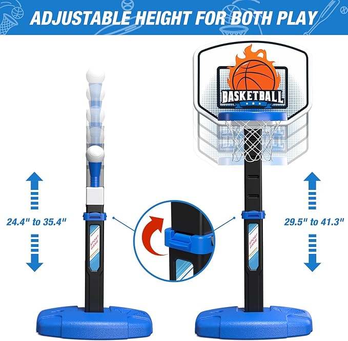 2 in 1 Toddler Basketball Hoop and T Ball Set with Automatic Pitching Machine - Adjustable Height, Kids Basketball Hoop Suit for Indoor/Outdoor, Sport Toys Gifts for Boys Age 3-5, Black